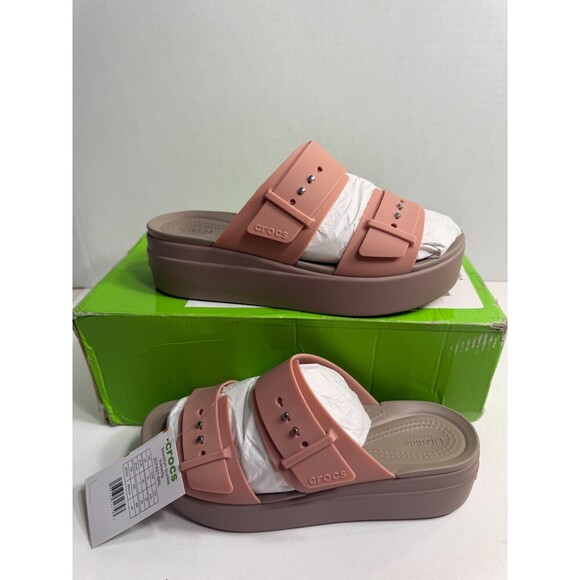 CROCS Women's Pink and Brown Platform Mules - Picture 1 of 8